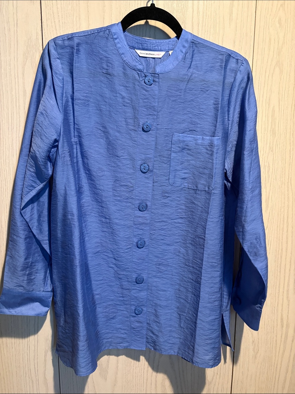 Isaac Mizrahi Blue Mandarin-Collar Button-Up Shirt